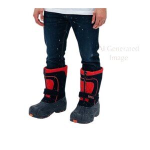 Totes BRADLEY Youth 12422 Leather Rubber Uppers Black Red Zip Snow Boots Sz 4 M